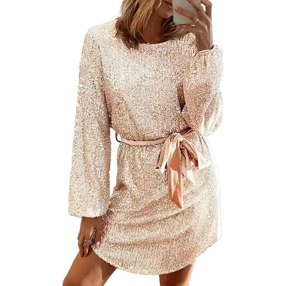 HLSOHJP Women's Sequin Belted Party Dress Long Lantern Sleeve Glitter Shiny Sparkly Lace Up Cocktail Night Out Mini Dress
