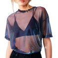 thumbnail image 1 of HLSOHJP Women's Sexy Holographic See Through Mesh Tops Short Sleeve Transparent Sheer Metallic Shiny Tees Tunic Tshirts, 1 of 3