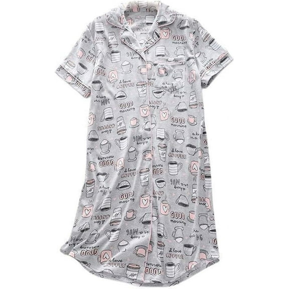 HLSOHJP Women's Short Sleeve Nightgown Cartoon Printed Button Down Cute Notch Neck Soft Sleep Shirt Casual Summer Sleepwear