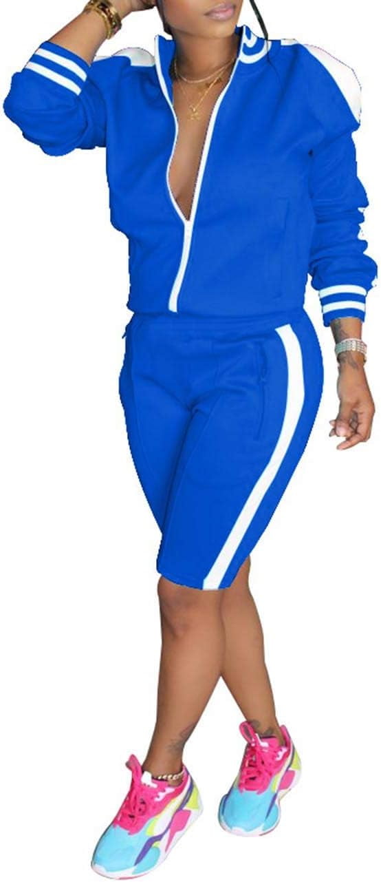 Women's Side Striped Sports Tracksuit Two Piece Zipper Jacket Short Pants Matching Sets 2PCS Trendy Sportswear