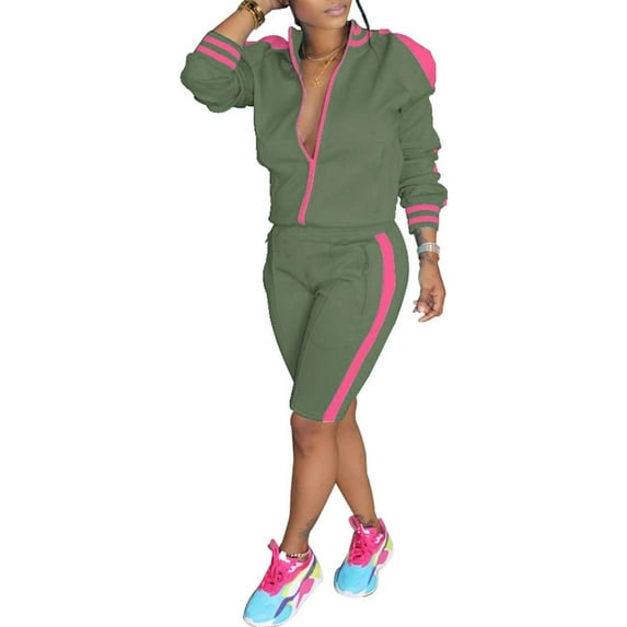 HLSOHJP Women's Side Striped Sports Tracksuit Two Piece Zipper Jacket Short Pants Matching Sets 2PCS Trendy Sportswear