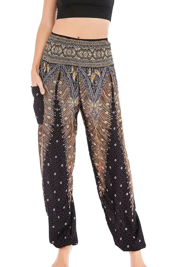 Women's Smocked Waist Yoga Harem Pants Boho High Waisted Baggy Trousers Hippie Genie