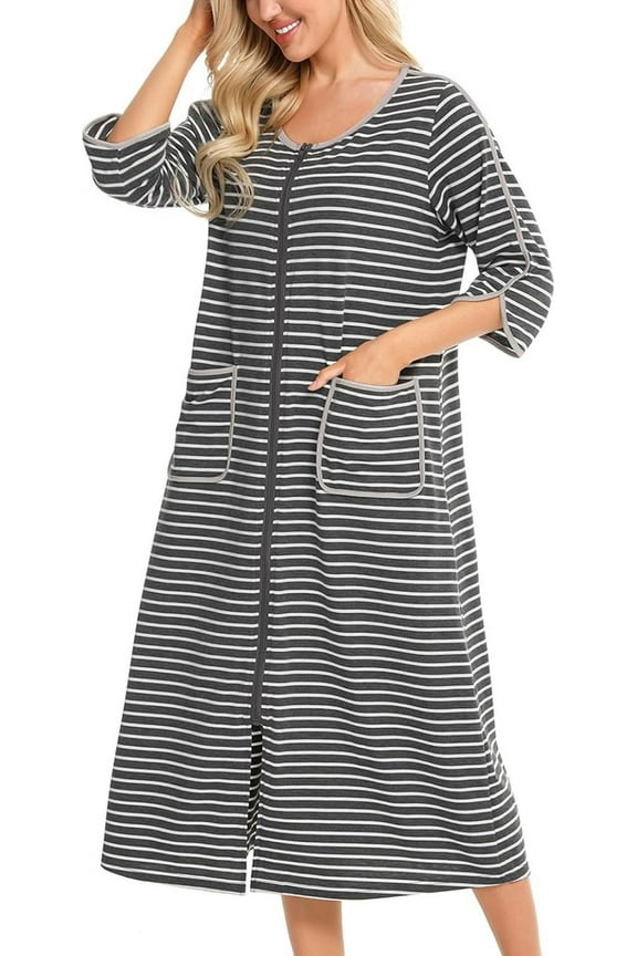 Women's Soft House Dress Zip Up Robes House Coat Cotton Pajamas Lightweight Zipper Nightgown