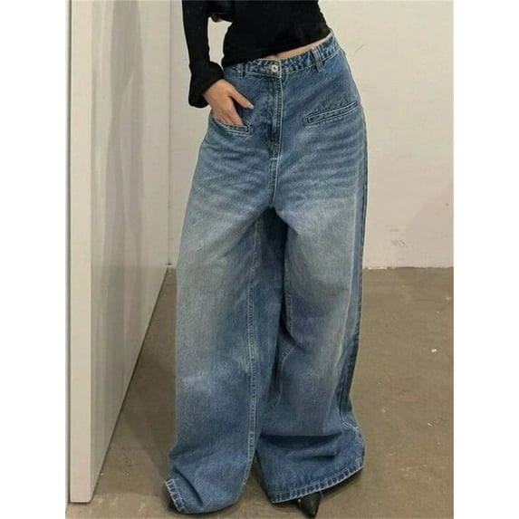 HLSOHJP Women's Straight Baggy Jeans Vintage Street Cool Girl High Waist Wide Leg Pants Female Casual Ground White Blue Denim Trousers