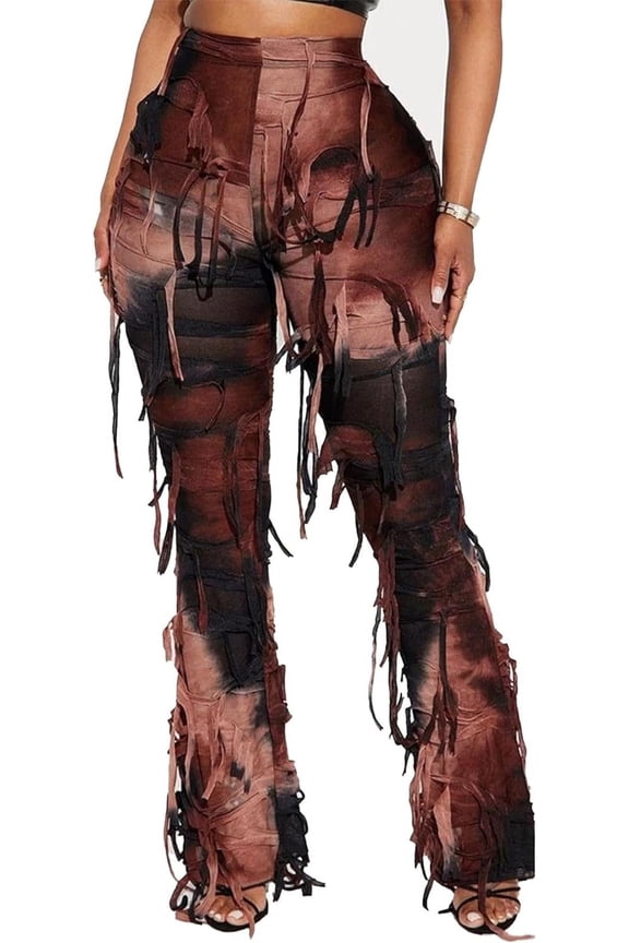 Women's Tie Dye Bodycon Pants Casual High Rise Cover in Fringe Tassel Trim Colorful Color Block Long Trousers