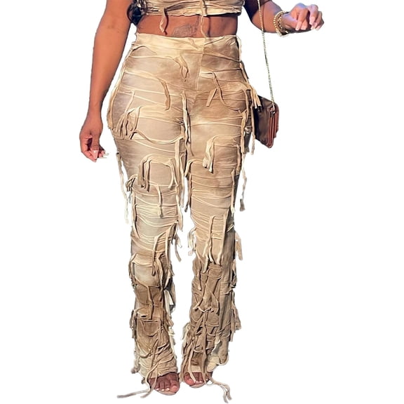HLSOHJP Women's Tie Dye Bodycon Pants Casual High Rise Cover in Fringe Tassel Trim Colorful Color Block Long Trousers