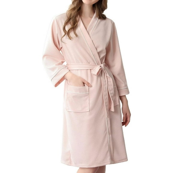 HLSOHJP Women's Waffle Bathrobe Soft Lightweight Kimono Bath Robe Knee Length Sleeping Cozy Weave