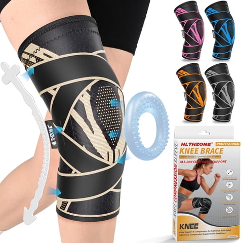 HLTHZONE Adjustable Compression Knee Brace  Patella Pad & Stabilizers for Workout & Joint Pain Relief, Black/Yellow