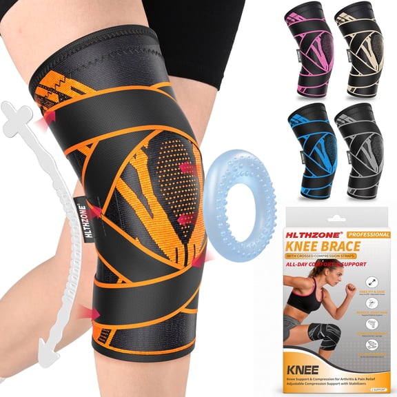 HLTHZONE Adjustable Compression Knee Sleeve with Patella Gel Pad & Side Stabilizers Copper Knee Support for Arthritis, Meniscus Tear & Running, Orange