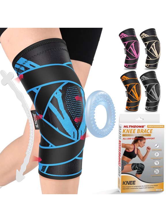 Adjustable Compression Knee Brace 4 Straps & Stabilizers for Arthritis & ACL Recovery, Black/Blue