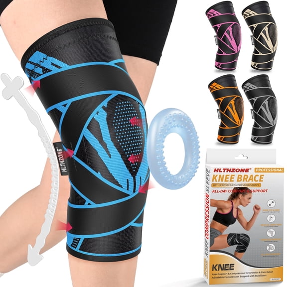 HLTHZONE Adjustable Compression Knee Brace – 4 Straps & Stabilizers for Arthritis & ACL Recovery, Black/Blue