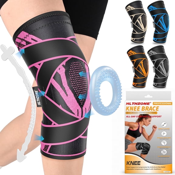 HLTHZONE Knee Brace for Pain Relief Patented Adjustable 4 Straps & Side Stabilizers, Copper Compression Knee Sleeve for Meniscus Tear, ACL, Joint Pain, Runner, Workout, Breathable, Black/Pink