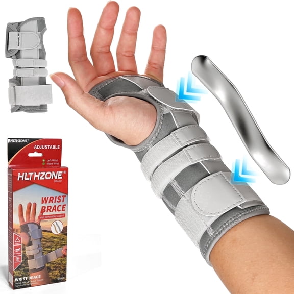 HLTHZONE Carpal Tunnel Wrist Stabilizer, Left Wrist, Adjustable Wrist Brace for Tendonitis & Arthritis, Firm Stability, All Day Wear - Gray