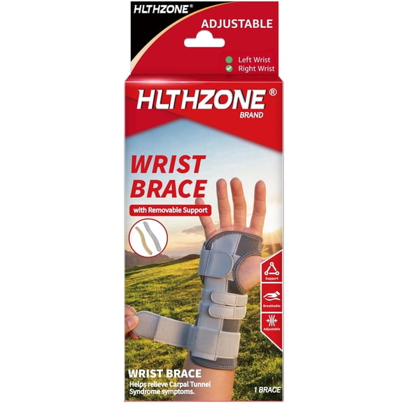 HLTHZONE Wrist Brace Right Hand for Men & Women, Adjustable Wrist Support for Carpal Tunnel & Tendonitis, All Day Wear - Gray