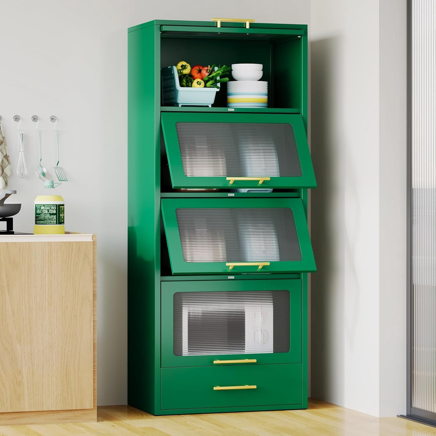 Metal Racking Pantry HLTJSUJ 3-Tier Metal Storage Cabinet Pantry with Drawer Freestanding ...