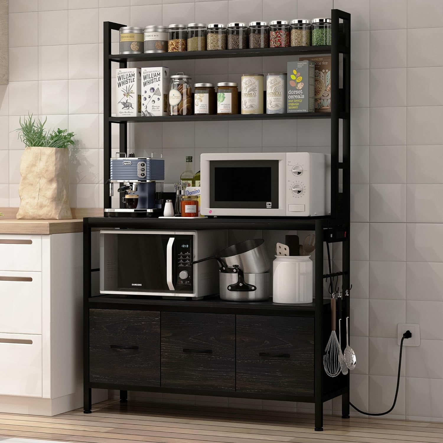 HLTJSUJ Bakers Rack with Power Outlet 5-Tier Free Standing Storage ...