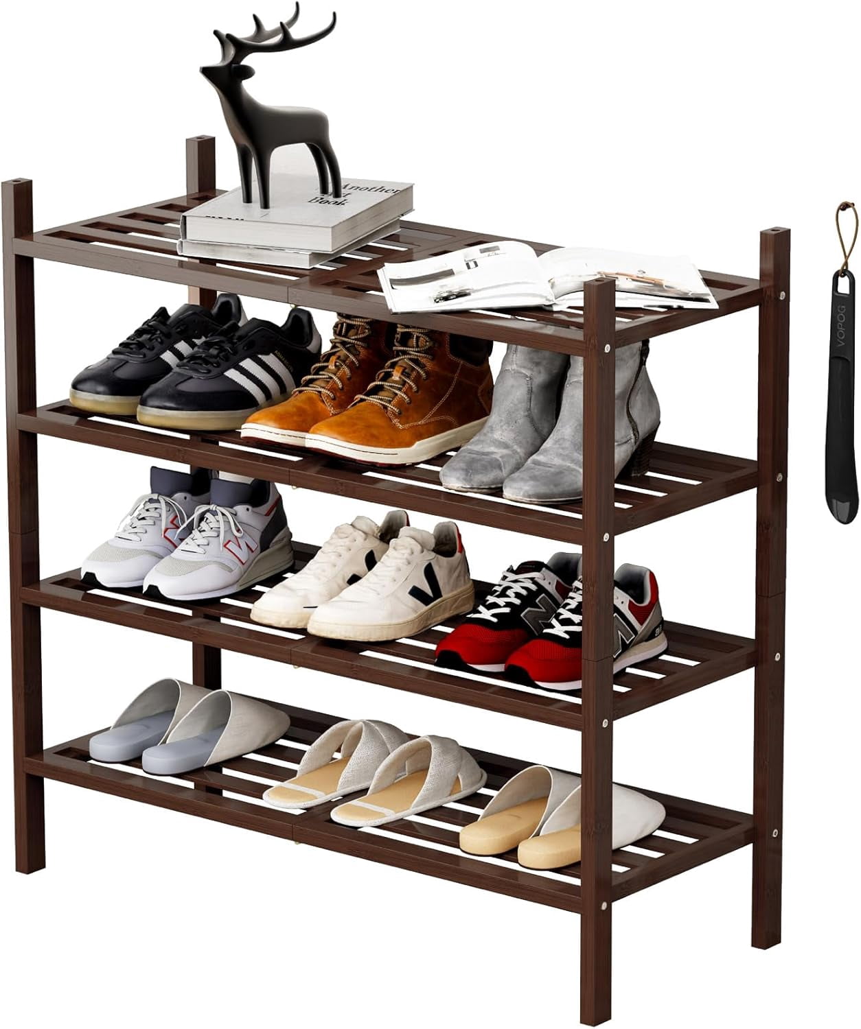 HLTUDJ 4 Tier Shoe Rack for Front Door Entrance with Shoe Horn ...