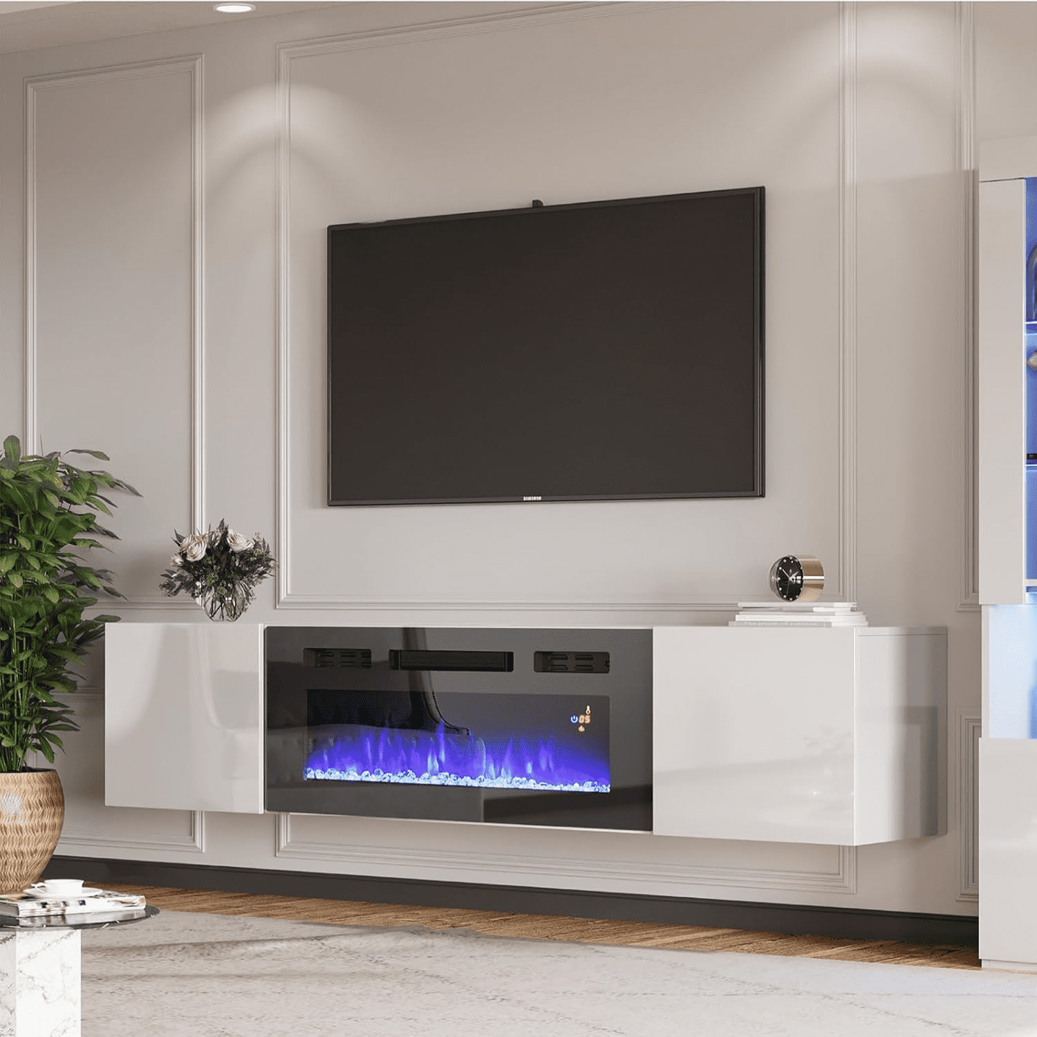 HLTUSDN Floating Fireplace TV Stand Wall Mounted Mirrored Entertainment ...