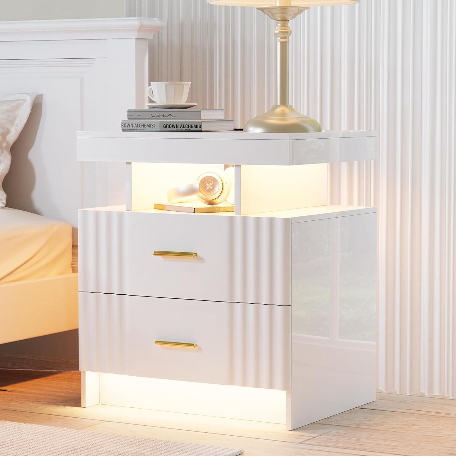White Nightstand With Charging Station & LED Lights - 2 Pack Smart Bedside Table With Drawers