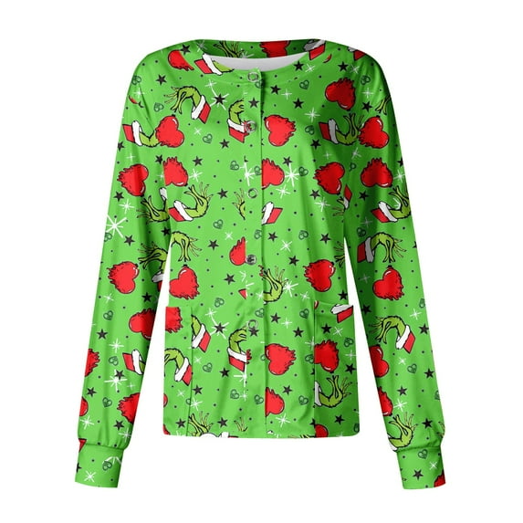 HLUFFY Festive Holiday Unisex Long-Sleeve Button-Up Shirt with Fun Cartoon Print Vibrant Red and Green Design
