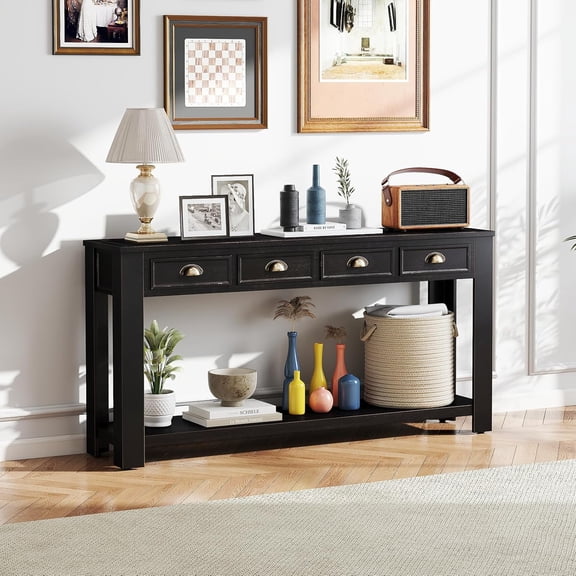 HLXZN Console Table for Entryway, 60 Inch Sofa Table Narrow Long Hallway Table, ConsoleTable w/4 Drawers and Bottom Shelf for Living Room Entryway Home,Kitchen Counter,Black