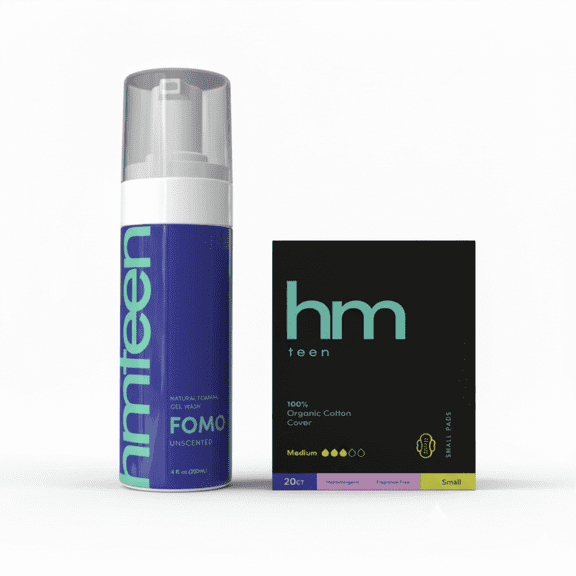 HM Teen Feminine Care Kit - All Natural Foaming Wash 6oz + Organic Cotton Pads 20ct, Small Size for Petite Bodies, Gynecologist Recommended, Teen Period Starter Pack
