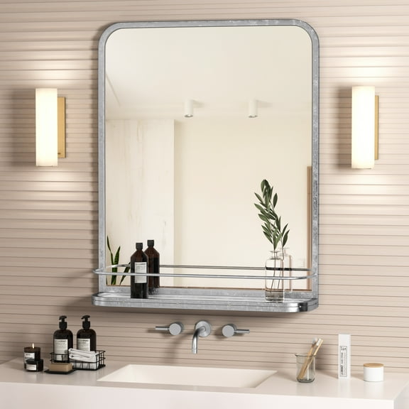 HMANGE Rectangular Bathroom Mirror 25.20 x 30.71 Inch Matte Silver Metal Frame Rectangular Mirror for Bathroom Beveled Vanity Wall Mirror