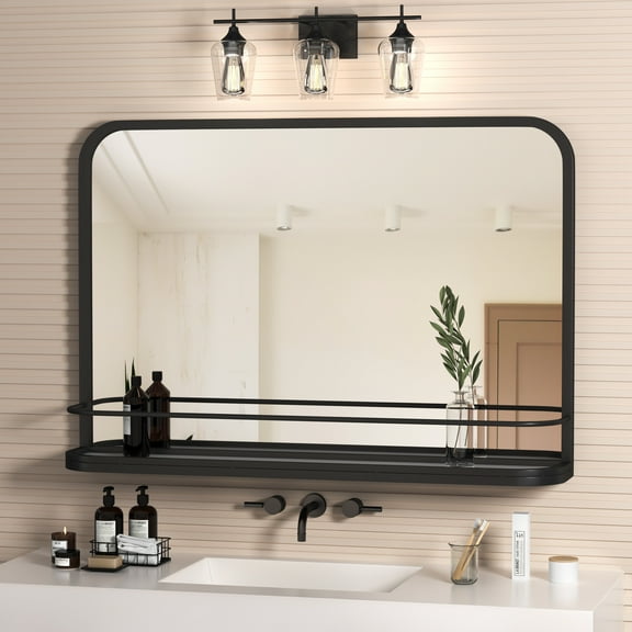 HMANGE Rectangular Bathroom Mirror 31.50 x 21.65 Inch Matte Black Metal Frame Rectangular Mirror for Bathroom Slanted Vanity Wall Mirror