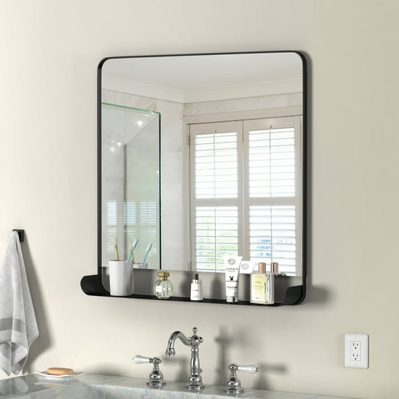 HMANGE Square Bathroom Mirror 31.50 x 31.50 Inch Matte Black Metal Frame Oval Mirror for Bathroom Slanted Vanity Wall Mirror