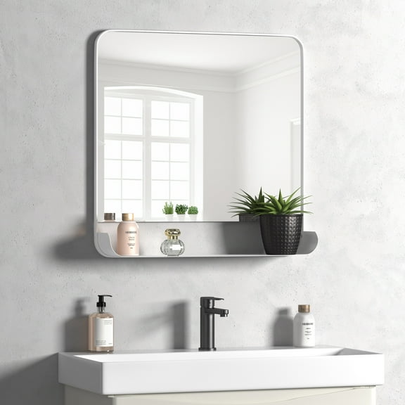 HMANGE Square Bathroom Mirror 31.50 x 31.50 Inch Matte White Metal Frame Oval Rectangular Mirror for Bathroom Slanted Vanity Wall Mirror
