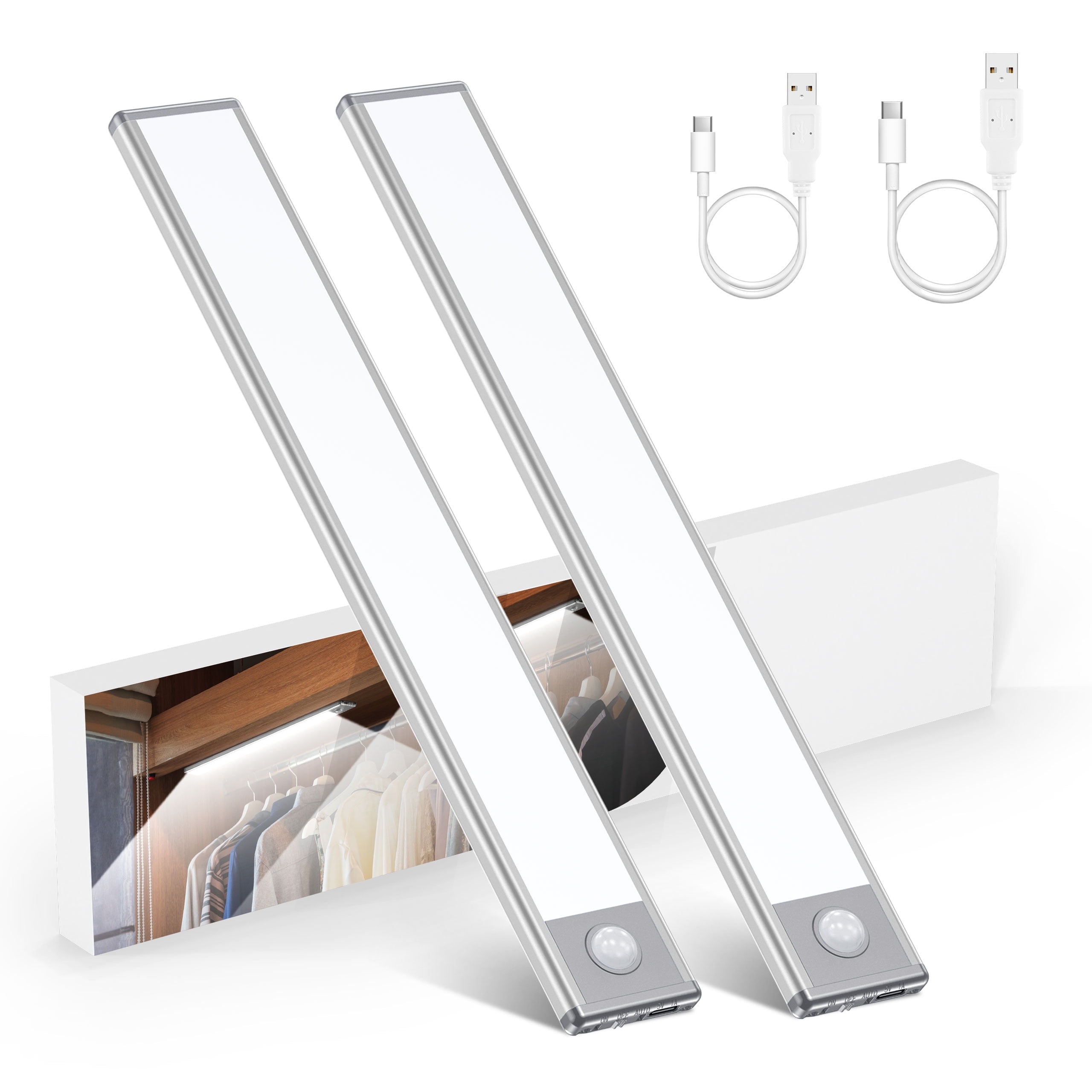 HMCITY  Under Cabinet Lights,LED Rechargeable Battery Operated Motion Sensor Light Indoor, 2 Pack Magnetic Dimmable Closet Lights, Wireless Under Counter Lights for Kitchen, Stairs