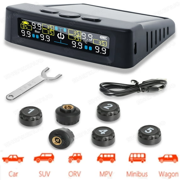 HMCYCI NEW Wireless Solar TPMS Tire Pressure Monitor w/6 External Sensors For RV Truck