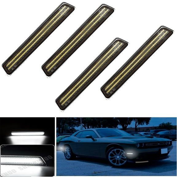 HMCYCI  New Front & Rear Fender LED Side Marker Lights for 2015-2023 Dodge Challenger, [SUPER BRIGHT] 2-Row Lamp Beads Smoked Lens Side Bumper Lamps, White LED Side Marker Turn Signal Lights, 4 PCS