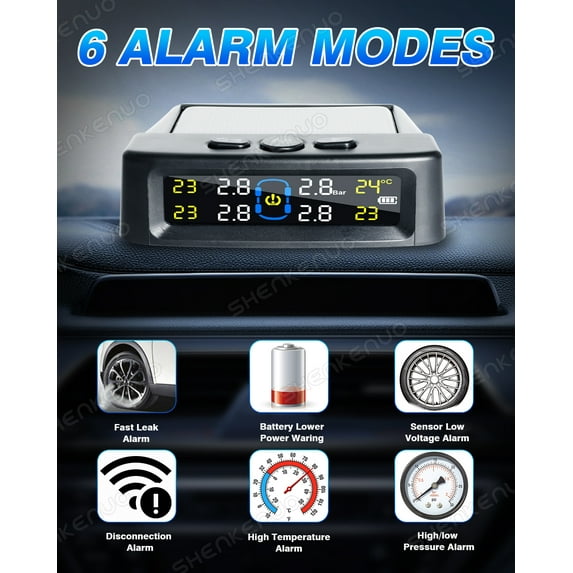 HMCYCI Tire Pressure Monitoring System,4 External Sensors Wireless Solar TPMS Tire Pressure Monitor System Real Time Pressure and Temperature Alarm for Trailer RV Car Truck