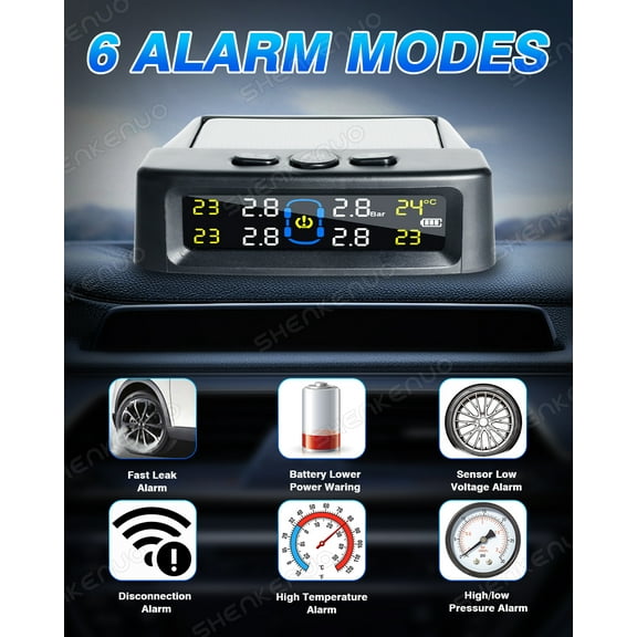 HMCYCI Tire Pressure Monitoring System,4 External Sensors Wireless Solar TPMS Tire Pressure Monitor System Real Time Pressure and Temperature Alarm for Trailer RV Car Truck