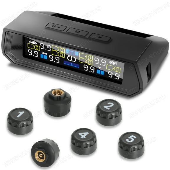 HMCYCI Tire Pressure Monitoring System, USB & Solar TPMS Tire Pressure Monitor System with 6 External Sensors, Real - time Display Tire Pressure Temperature, 0-144PSI / 0-9.9BAR