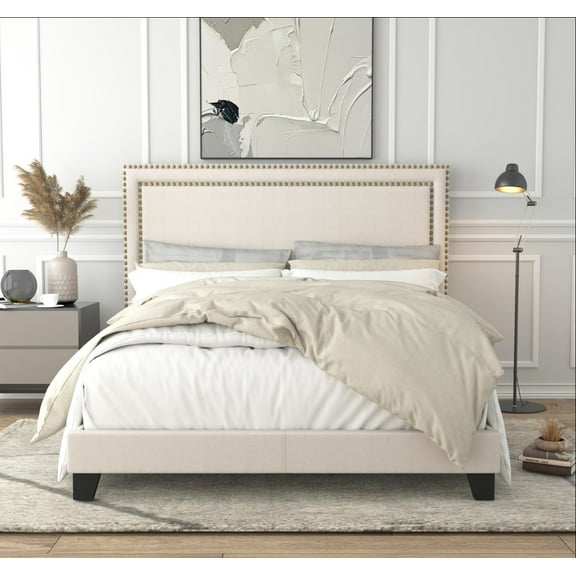 Home Design Adam Twin Upholstered Panel Bed Frame with Nailhead Trim and Padded Headboard, Beige, Easy assembly