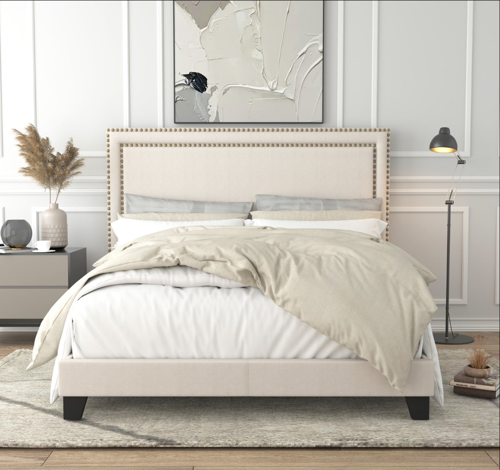 Adam Beige Linen Upholstered Queen Bed with Nailhead Trim