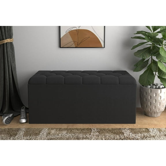 Home Design Arya Upholstered 42" Flip Top Storage Bench with Button Tufted Velvet Seat, Foam Padding, and Hidden Storage, Multi-Purpose Entryway or Bedroom Seating, Black