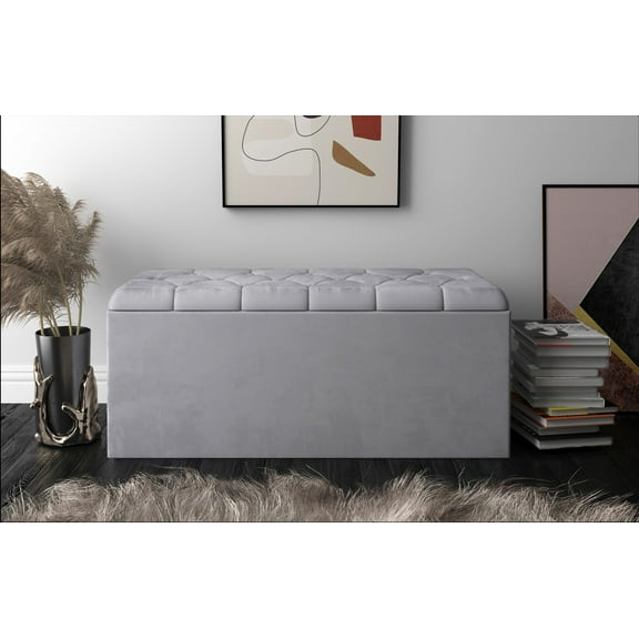 Home Design Arya Upholstered 42" Flip Top Storage Bench with Button Tufted Velvet Seat, Foam Padding, and Hidden Storage, Multi-Purpose Entryway or Bedroom Seating, Gray