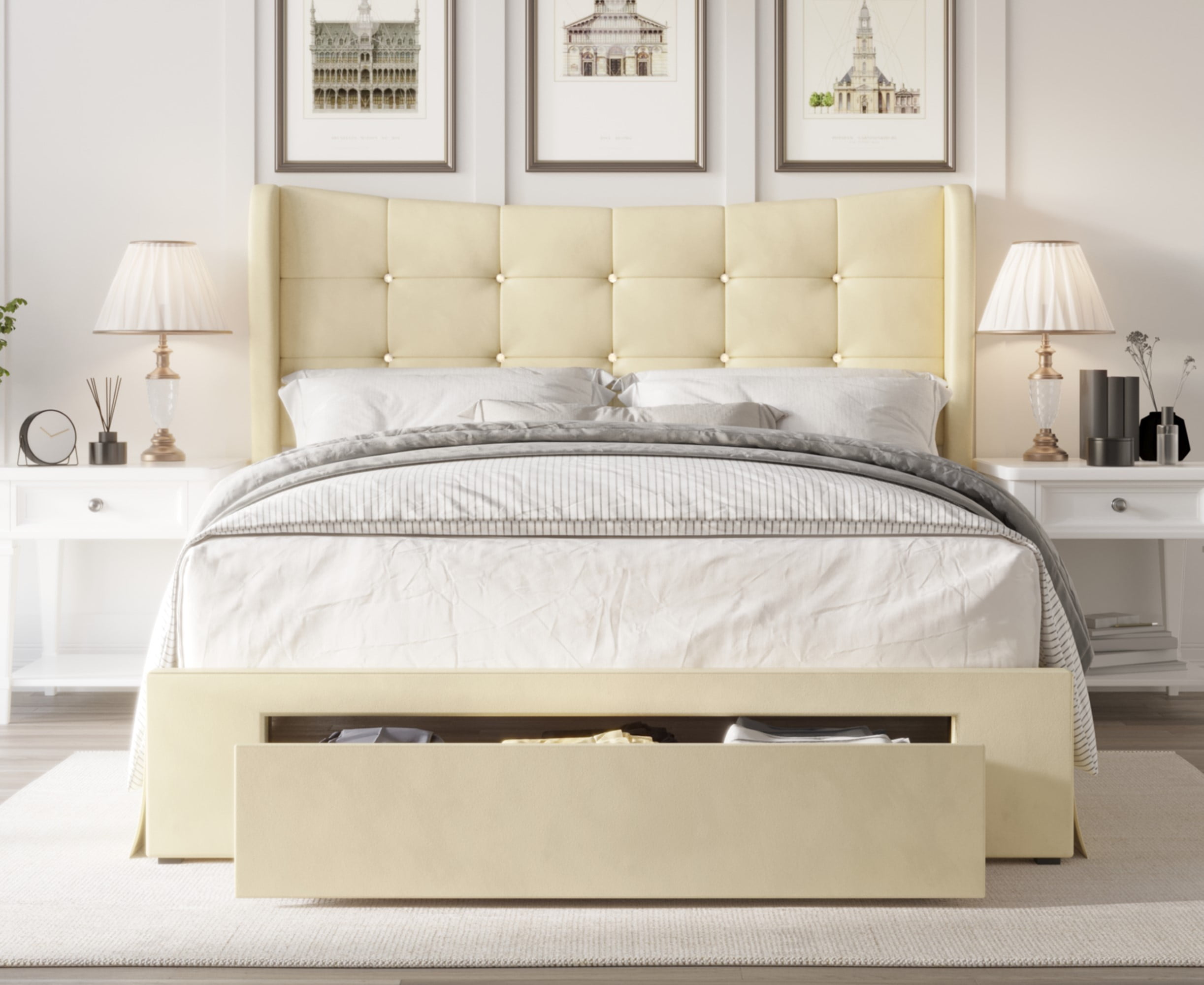 Home Design Bennett Tufted Upholstered Queen Storage Platform Bed with Drawers, Modern Beige Fabric Bed Frame for Bedroom