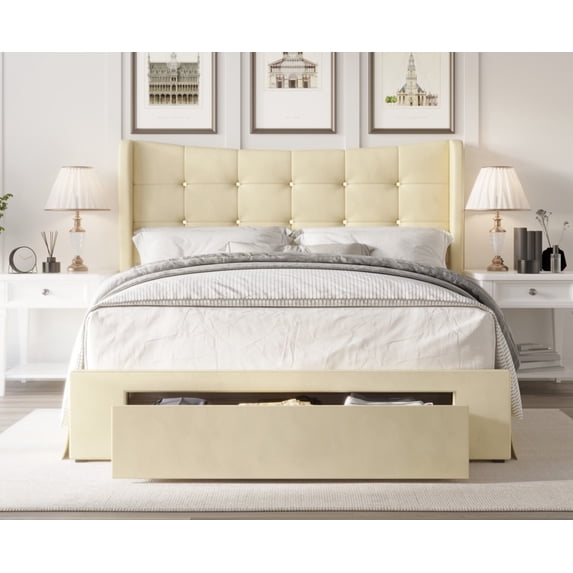 Home Design Bennett Tufted Upholstered Queen Storage Platform Bed with Drawers, Modern Beige Fabric Bed Frame for Bedroom