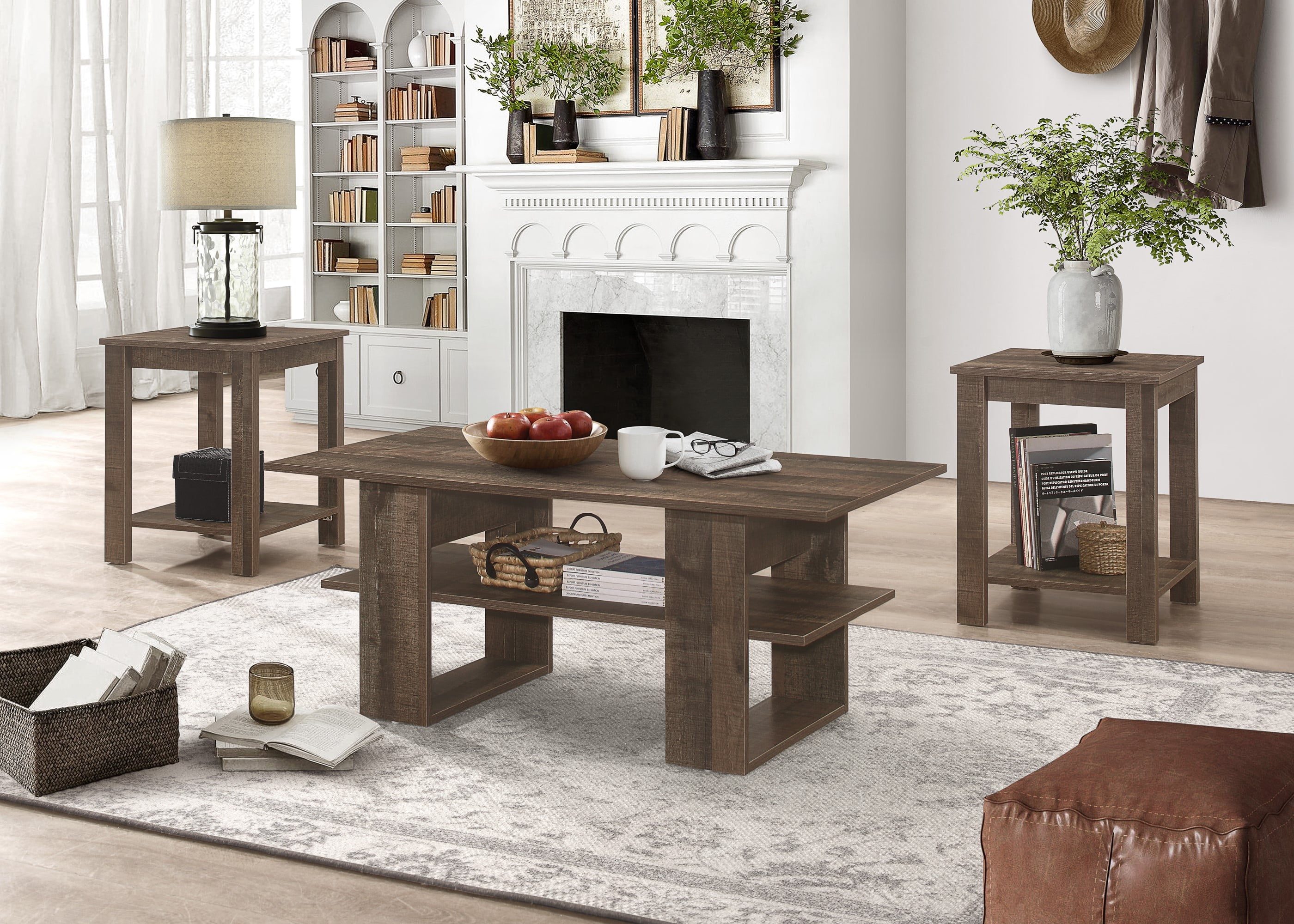 Home Design Beverly 3-Piece Coffee Table Set with 1 Rectangular Coffee Table and 2 Square End Tables, Each with Open Shelf for Storage and Display, Modern Living Room Design, Brown Oak