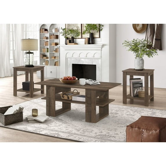 Home Design Beverly 3-Piece Coffee Table Set with 1 Rectangular Coffee Table and 2 Square End Tables, Each with Open Shelf for Storage and Display, Modern Living Room Design, Brown Oak