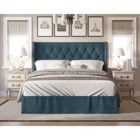 Home Design Billy Twin Tufted Upholstered Panel Bed Frame with Wingback Sides and Nailhead Trim, Denim Blue, Easy Assembly