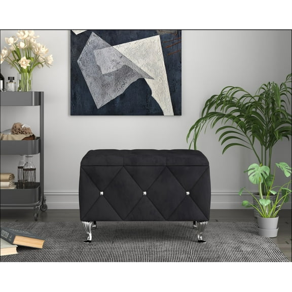 Home Design Bodhi Upholstered 30" Flip Top Storage Bench with Diamond Tufted Velvet Seat, Spacious Hidden Storage, and Multi-Purpose Rectangular Design for Bedroom or Living Room, Black
