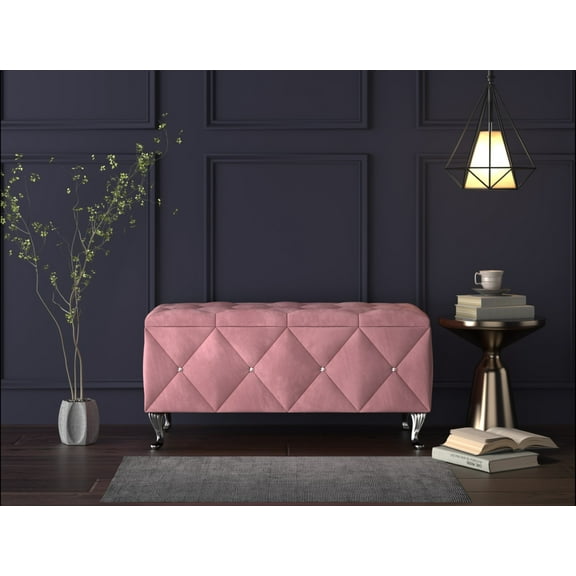 Home Design Bodhi Upholstered 42" Flip Top Storage Bench with Diamond Tufted Velvet Seat, Spacious Hidden Storage, and Multi-Purpose Rectangular Design for Bedroom or Living Room, Pink