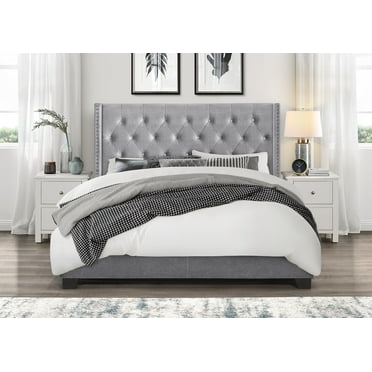 Home Design Brady Twin Tufted Wingback Upholstered Panel Bed, Silver Gray-Velvet (Diamond)