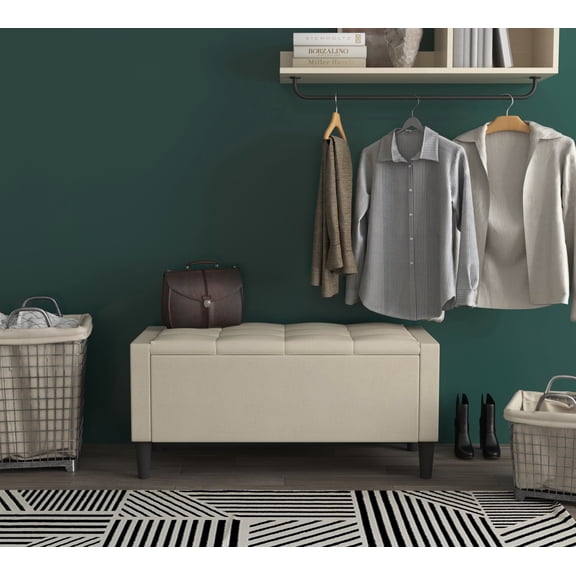 Home Design Braylen Upholstered 42" Flip Top Storage Bench with Button Tufted Velvet Seat, Spacious Hidden Storage, Modern Rectangular Design for Bedroom or Living Room, Beige