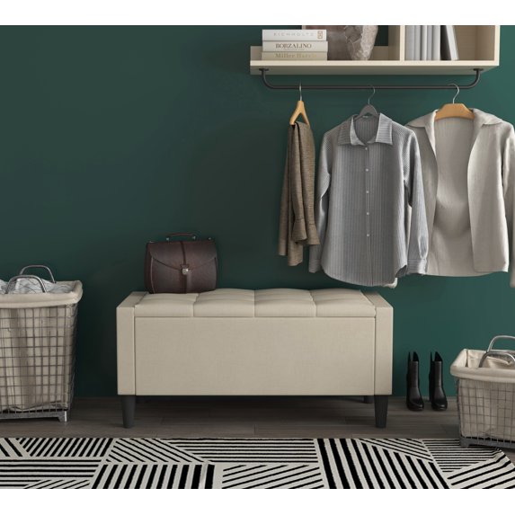 Home Design Braylen Upholstered 42" Flip Top Storage Bench with Button Tufted Velvet Seat, Spacious Hidden Storage, Modern Rectangular Design for Bedroom or Living Room, Beige